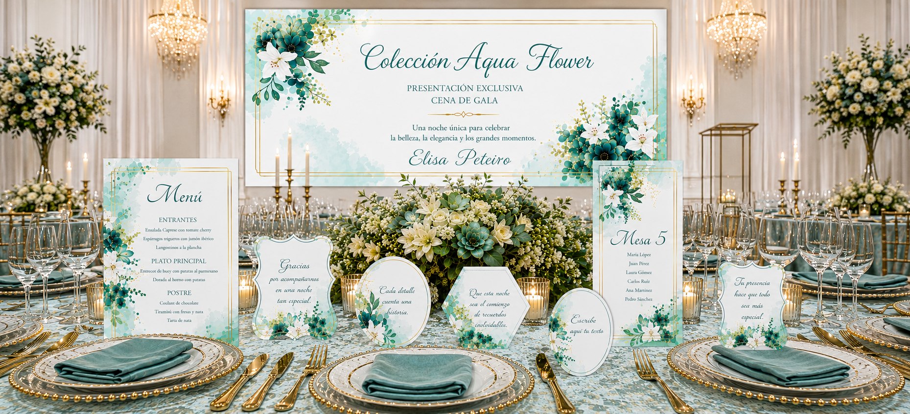 Colección Aqua Flower en una cena de gala en un hotel de lujo