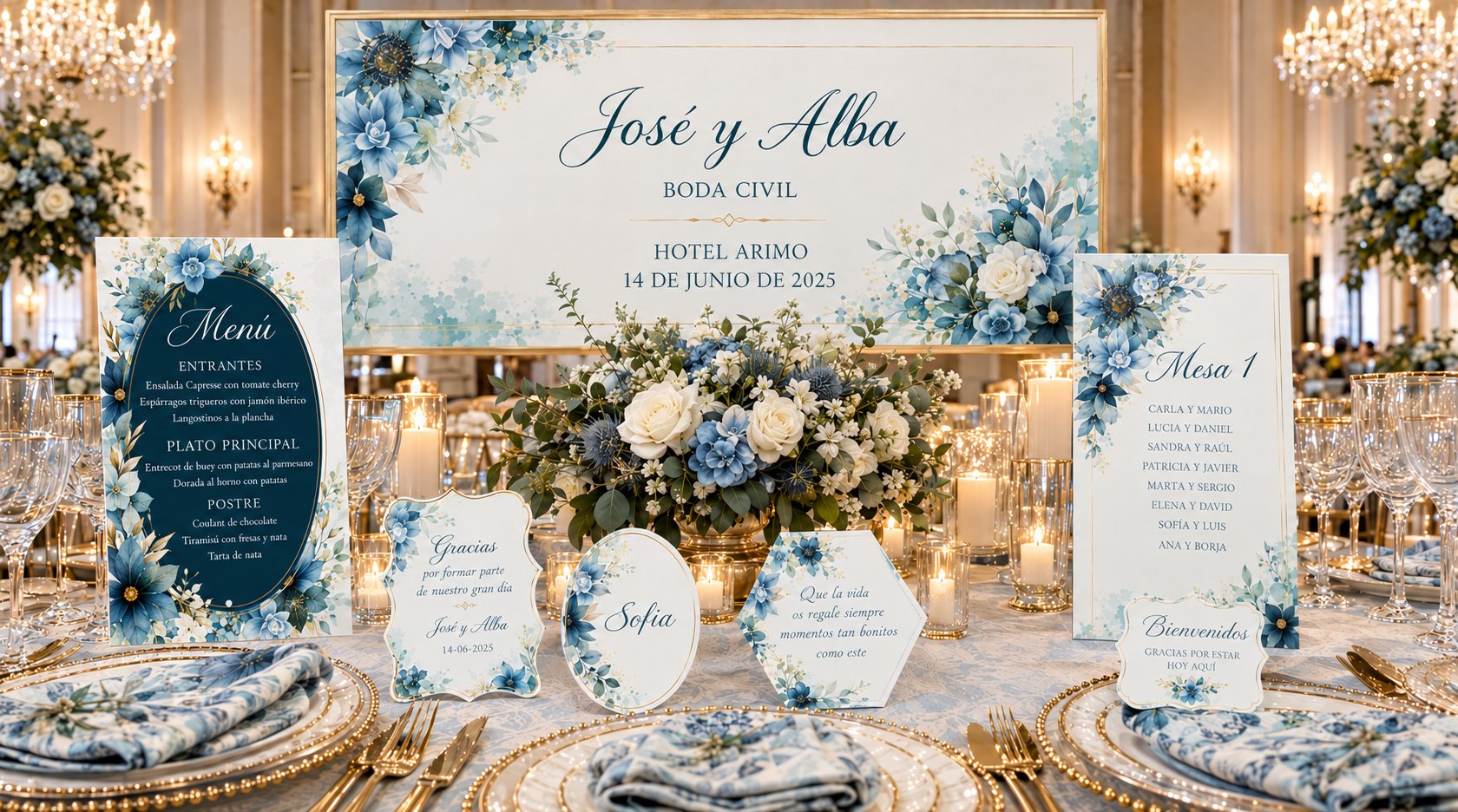 Colección Blue Garden en una mesa de boda civil en un hotel de lujo