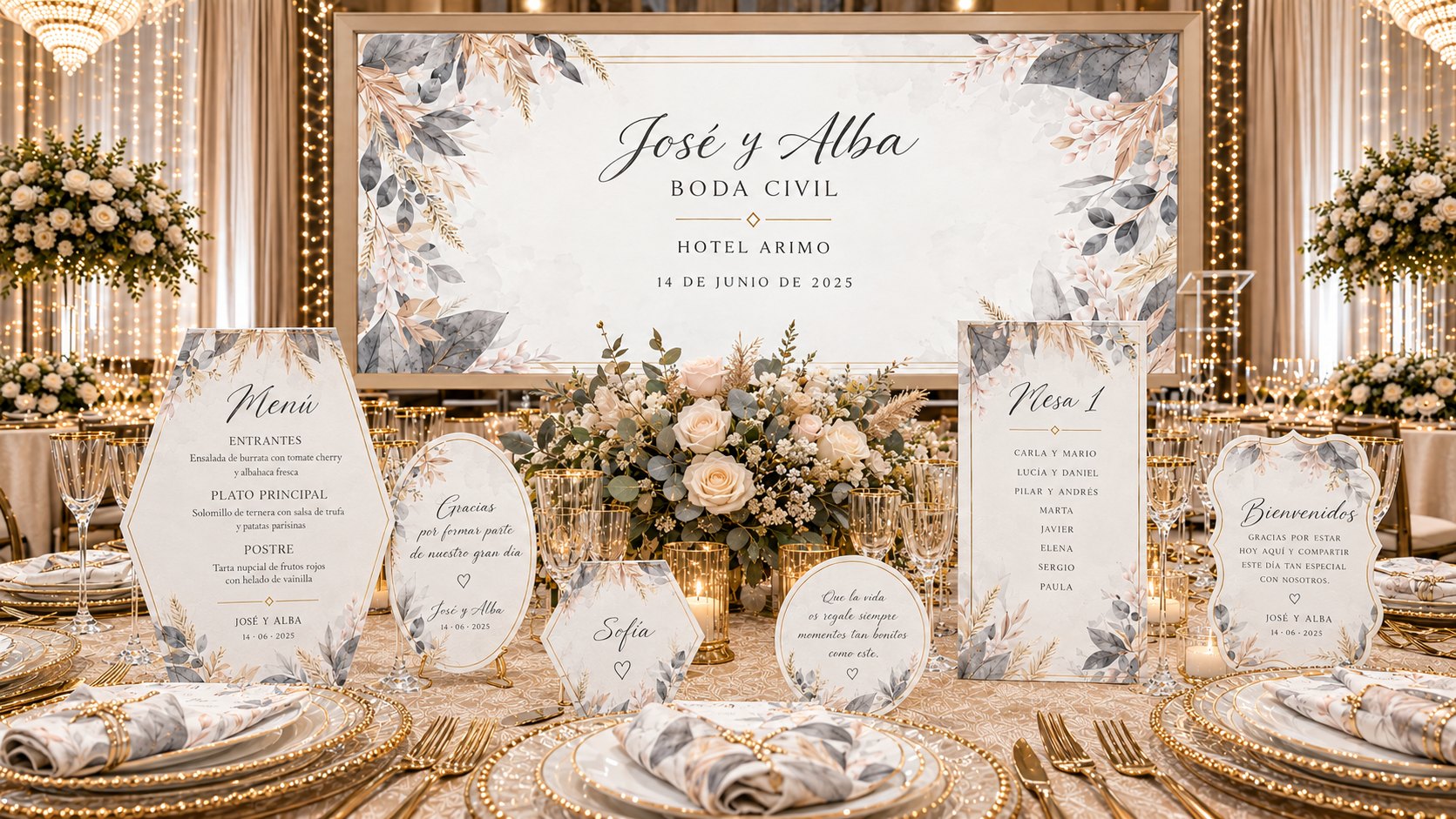 Papelería de la colección Grey Nude vestida en una mesa de boda civil en un hotel de lujo