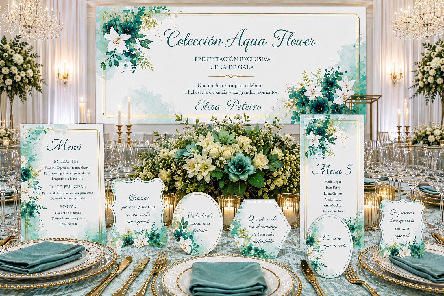 La misma mesa vestida con la colección Aqua Flower en un hotel de lujo